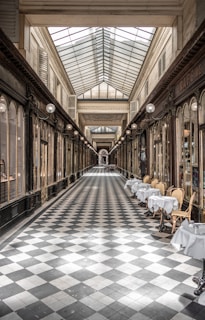 Skylight and floor mosaics in a gallery, during a tour of the covered passages in Paris