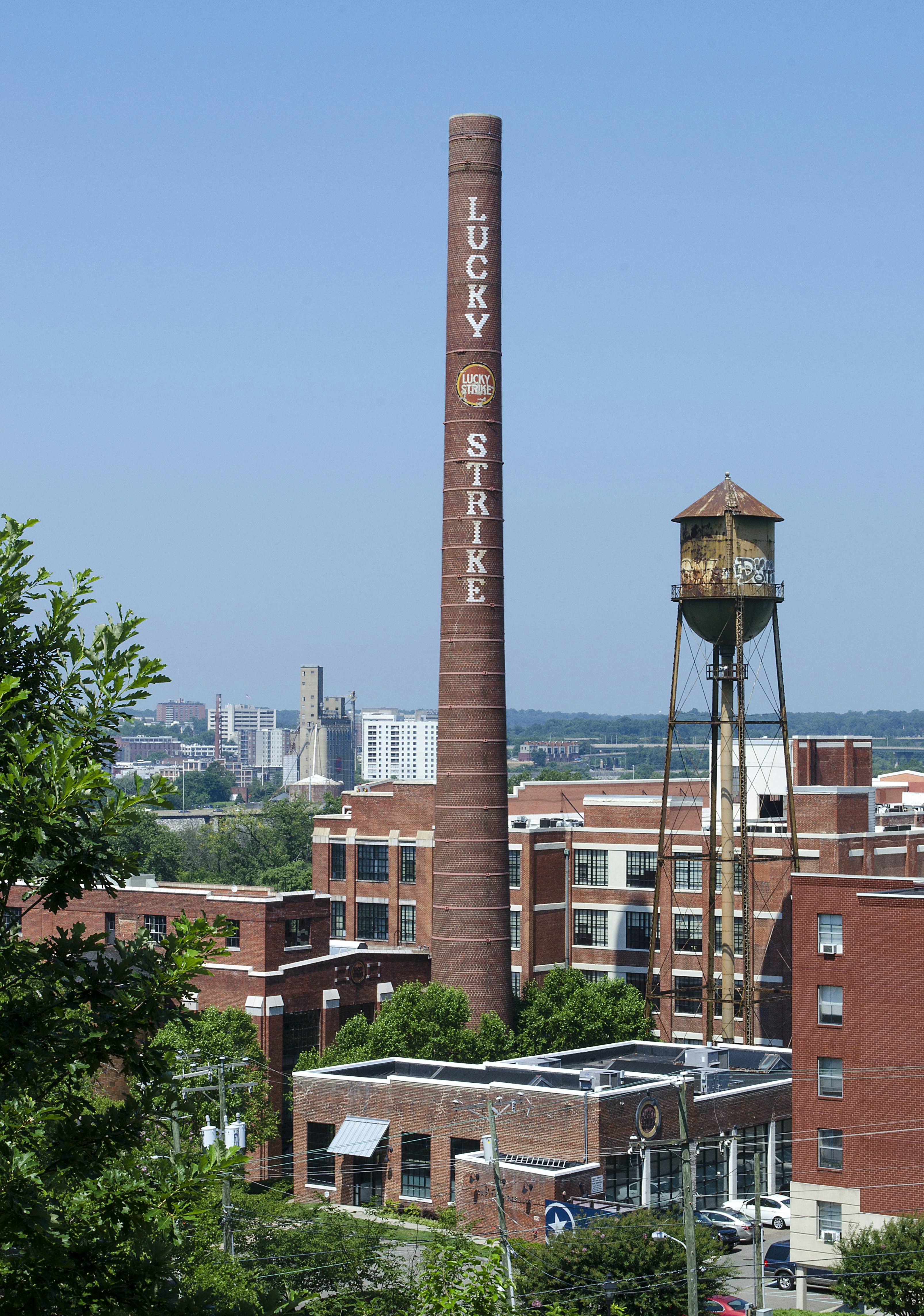Discontinued Lucky Strikes cigarette factory in Richmond, Virginia remains a landmark atop Libby Park.