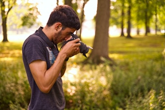 A person is taking a photograph with a camera, standing in a lush green park surrounded by trees. The sunlight filters through the leaves, casting a warm, golden glow over the scene.