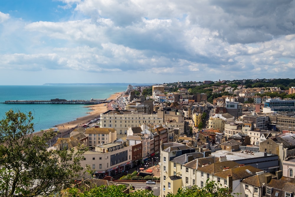 aerial view of city buildings near sea during daytime