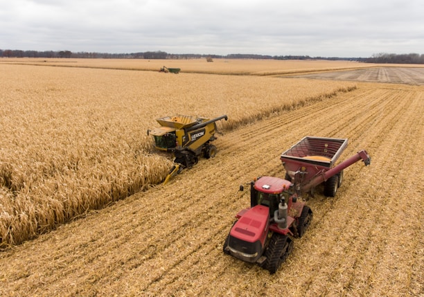 red and black tractor on brown field during daytime