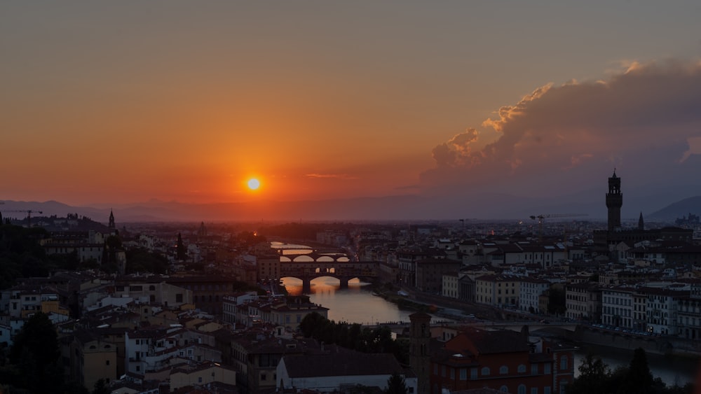 city skyline under orange sunset