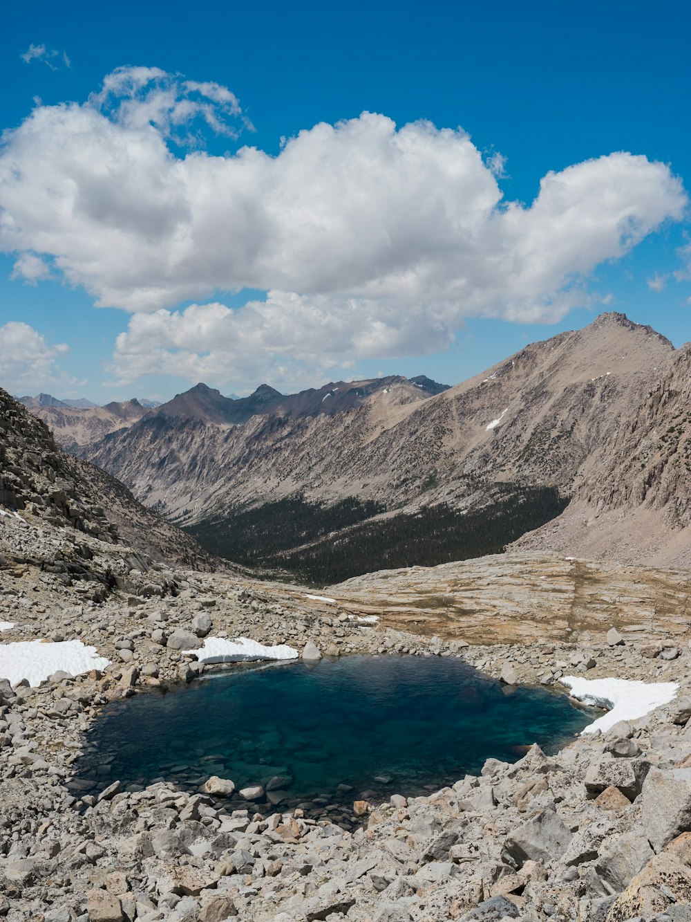 lake in the middle of mountains under blue sky and white clouds during daytime