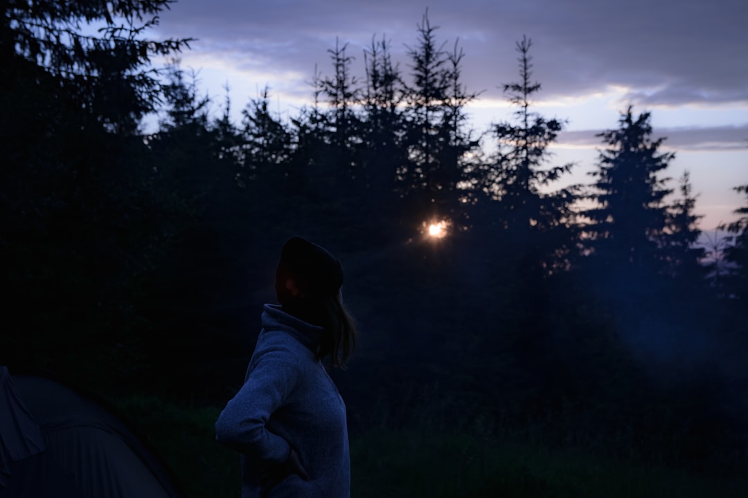 person in blue hoodie standing on green grass field during night time