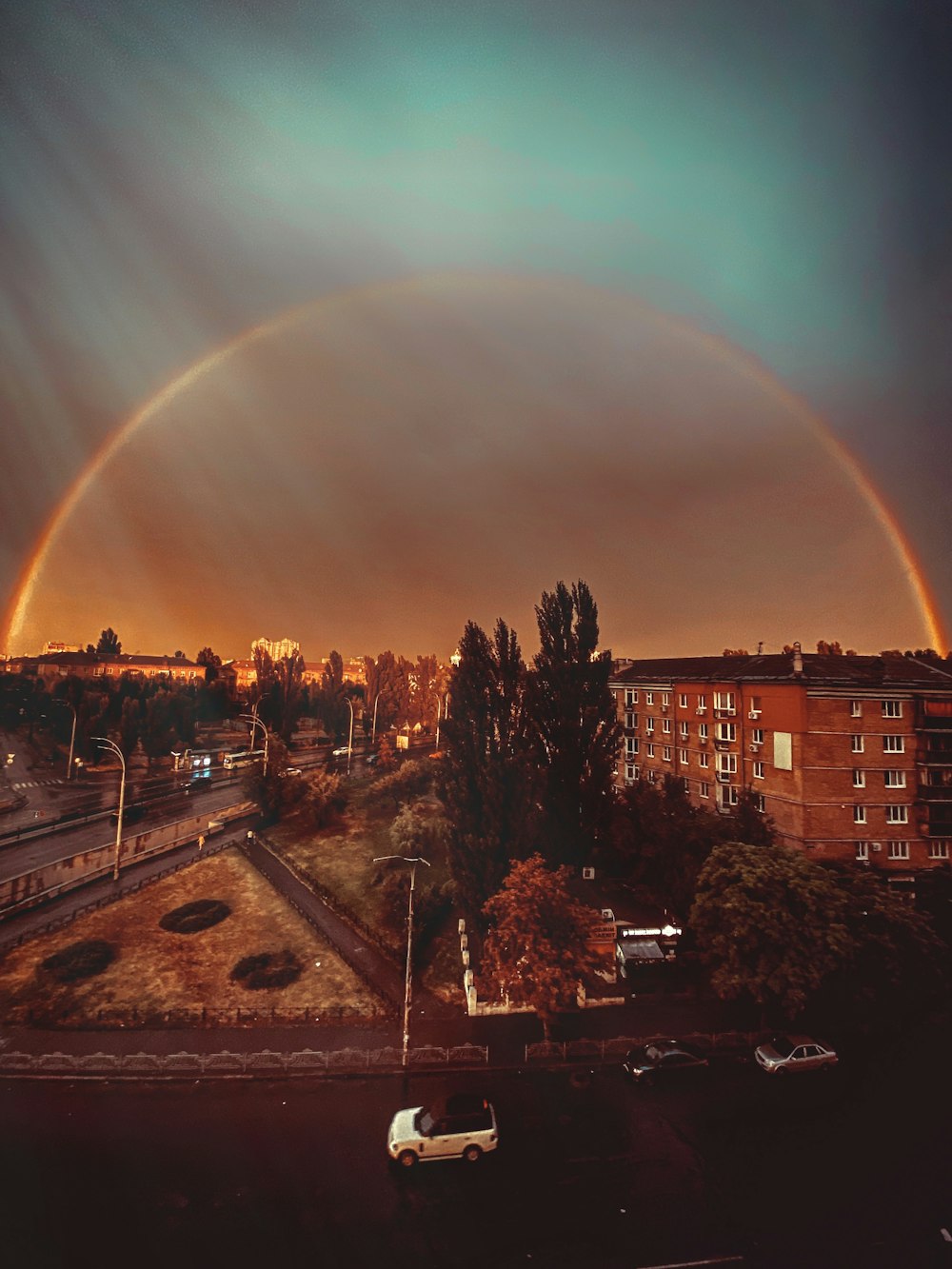 green trees and buildings under rainbow