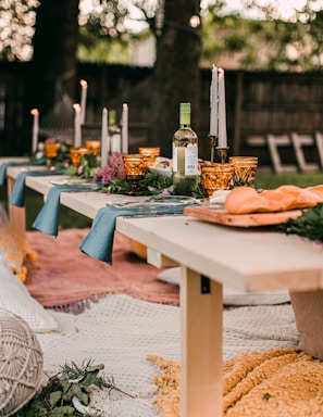 bread on blue table cloth