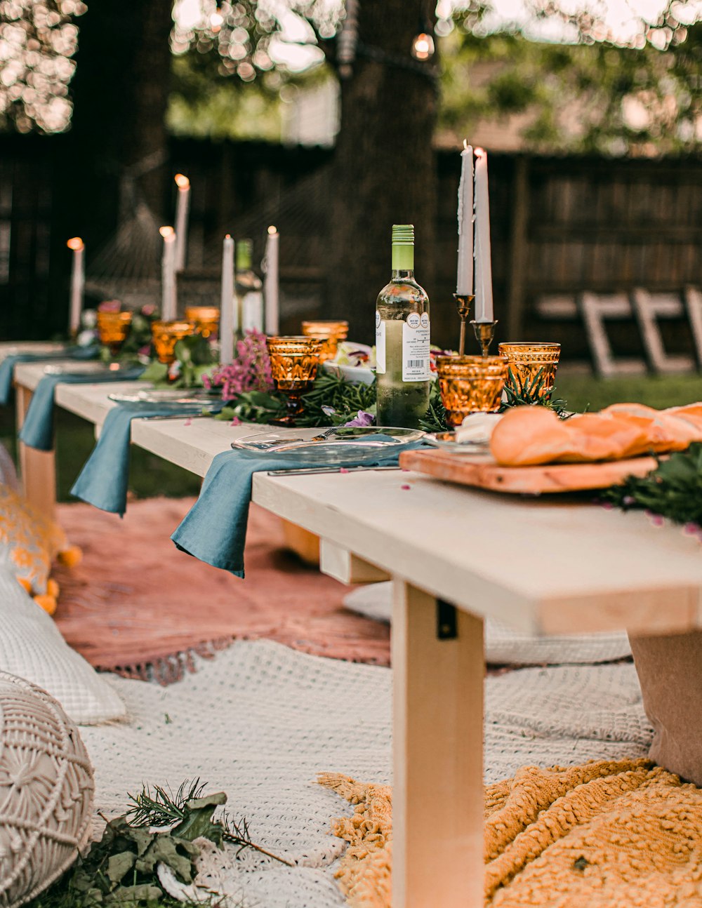 bread on blue table cloth