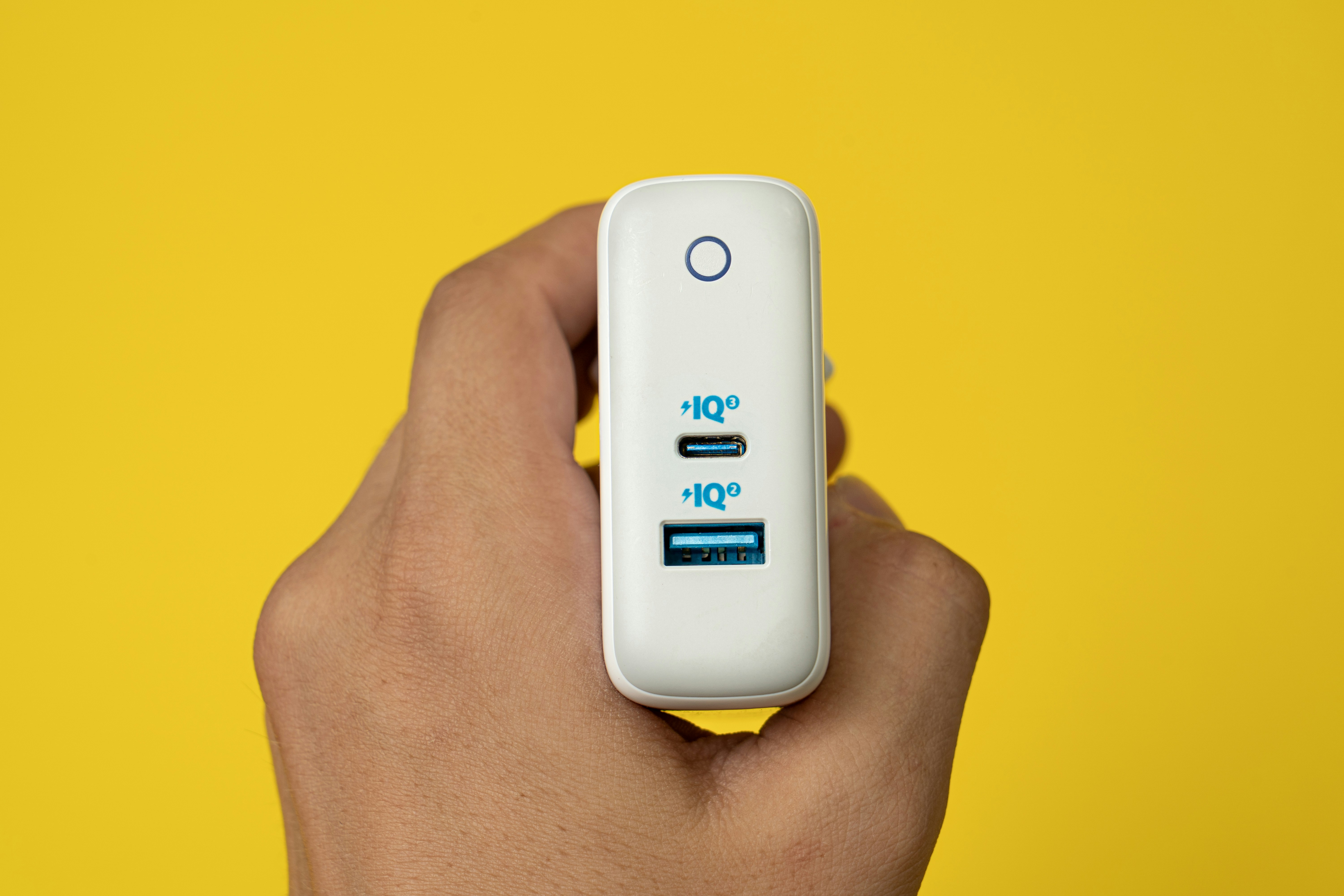An Anker Power brick with new gallium nitride (GaN) technology, which makes it smaller with less electrical losses and lower temperatures. This one has one USB Type C and one USB A connector.
