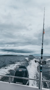 A fishing rod stands upright on a moving boat against a backdrop of cloudy skies and expansive water. The boat motor leaves a trail of white wake behind as it traverses the dark, choppy waters.