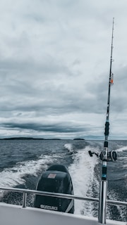 A fishing rod stands upright on a moving boat against a backdrop of cloudy skies and expansive water. The boat motor leaves a trail of white wake behind as it traverses the dark, choppy waters.