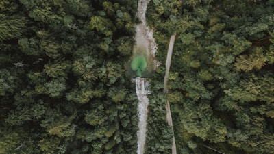 Aerial view of a forested land with a small creek running through.