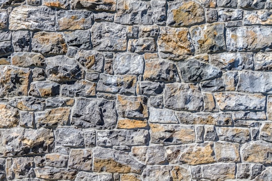 Close-up of a skilled mason installing natural stone on a residential wall.