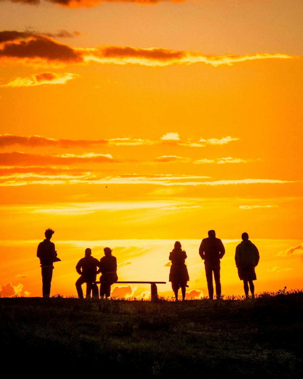 silhueta de pessoas em pé no campo de grama durante o pôr do sol