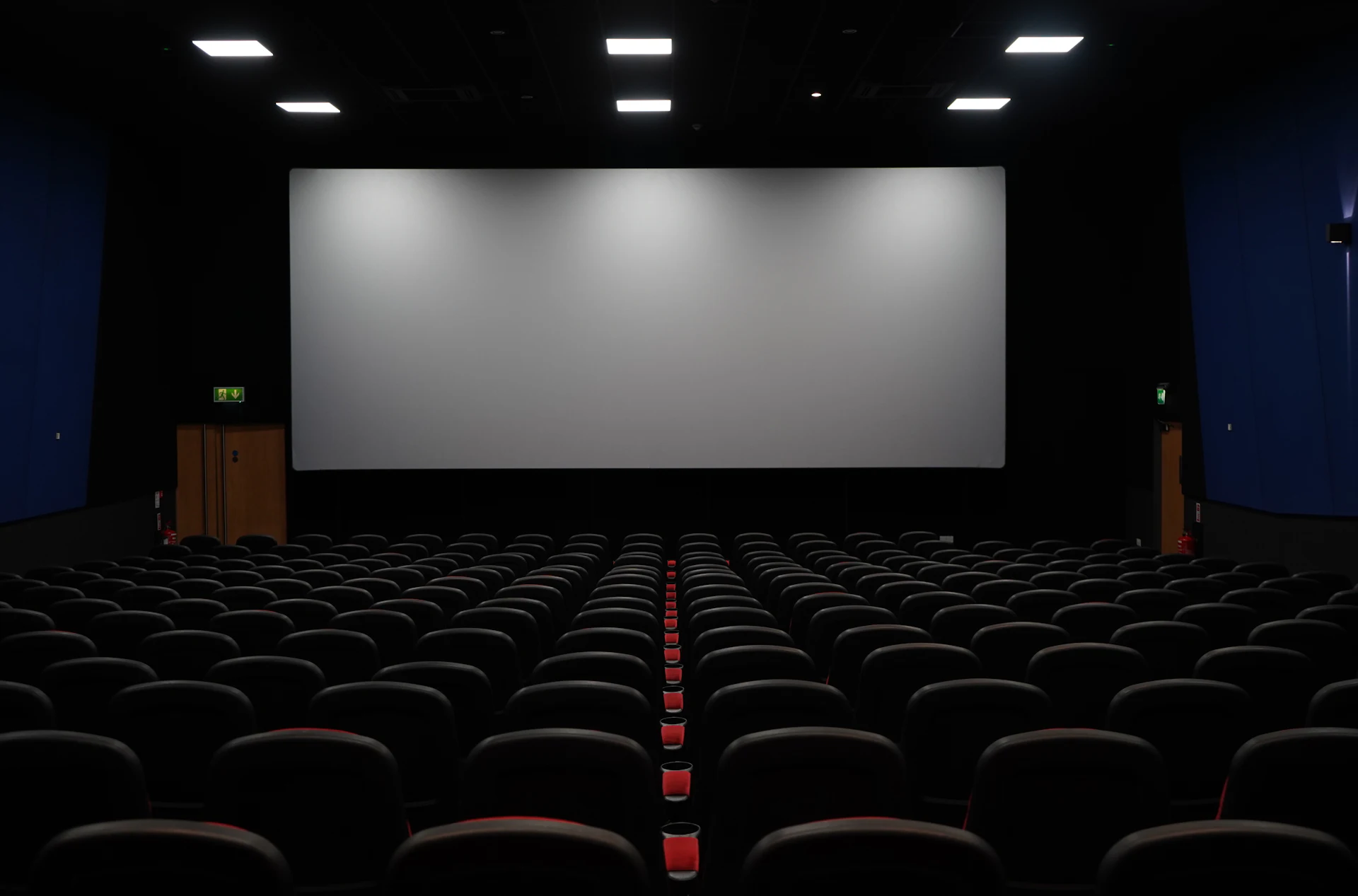 Sala de cine vacía en penumbra con la pantalla encendida, vista desde las butacas del fondo