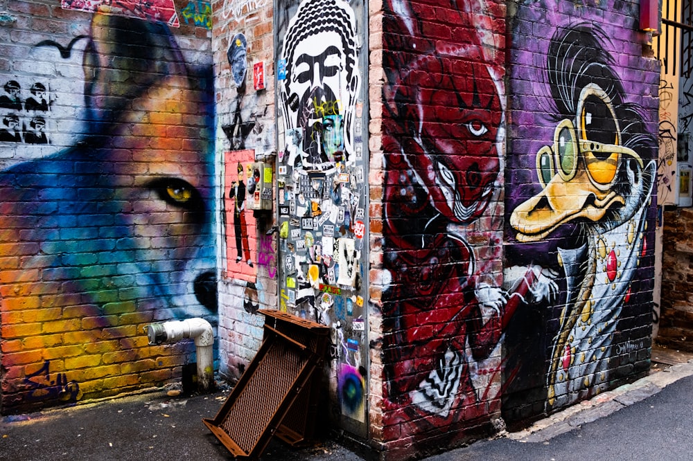 red blue and white graffiti wall