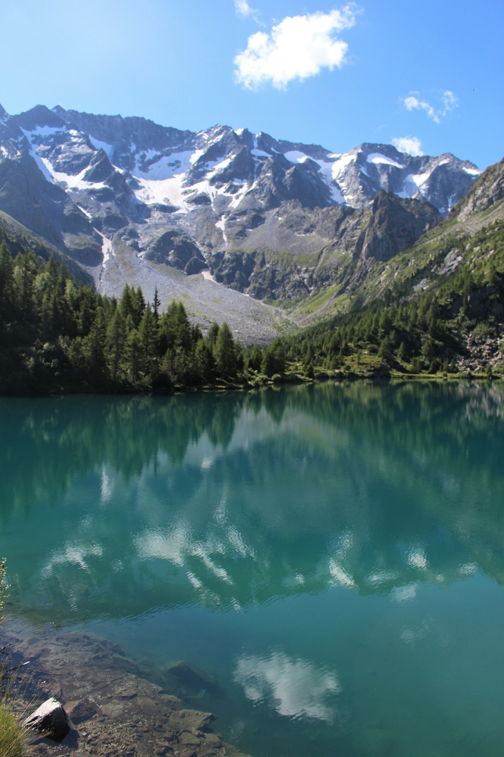 green lake surrounded by green trees and snow covered mountains during daytime