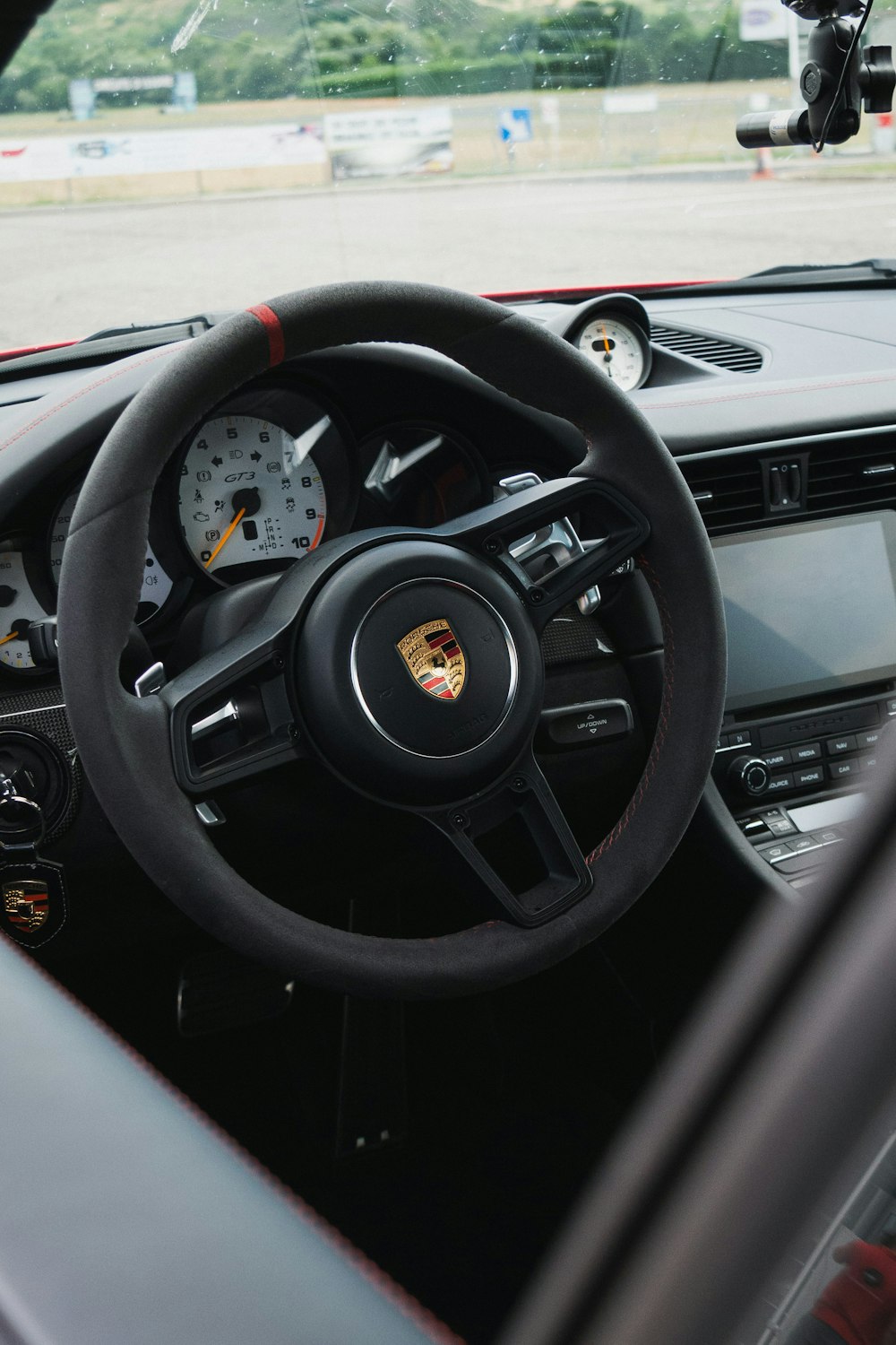 black and silver steering wheel