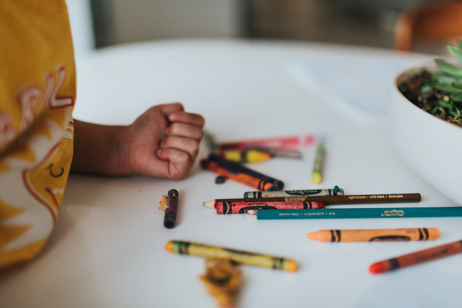 Coloring pencils laid out on a clean table, ready for handwriting practice