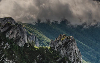 green trees on mountain under cloudy sky during daytime