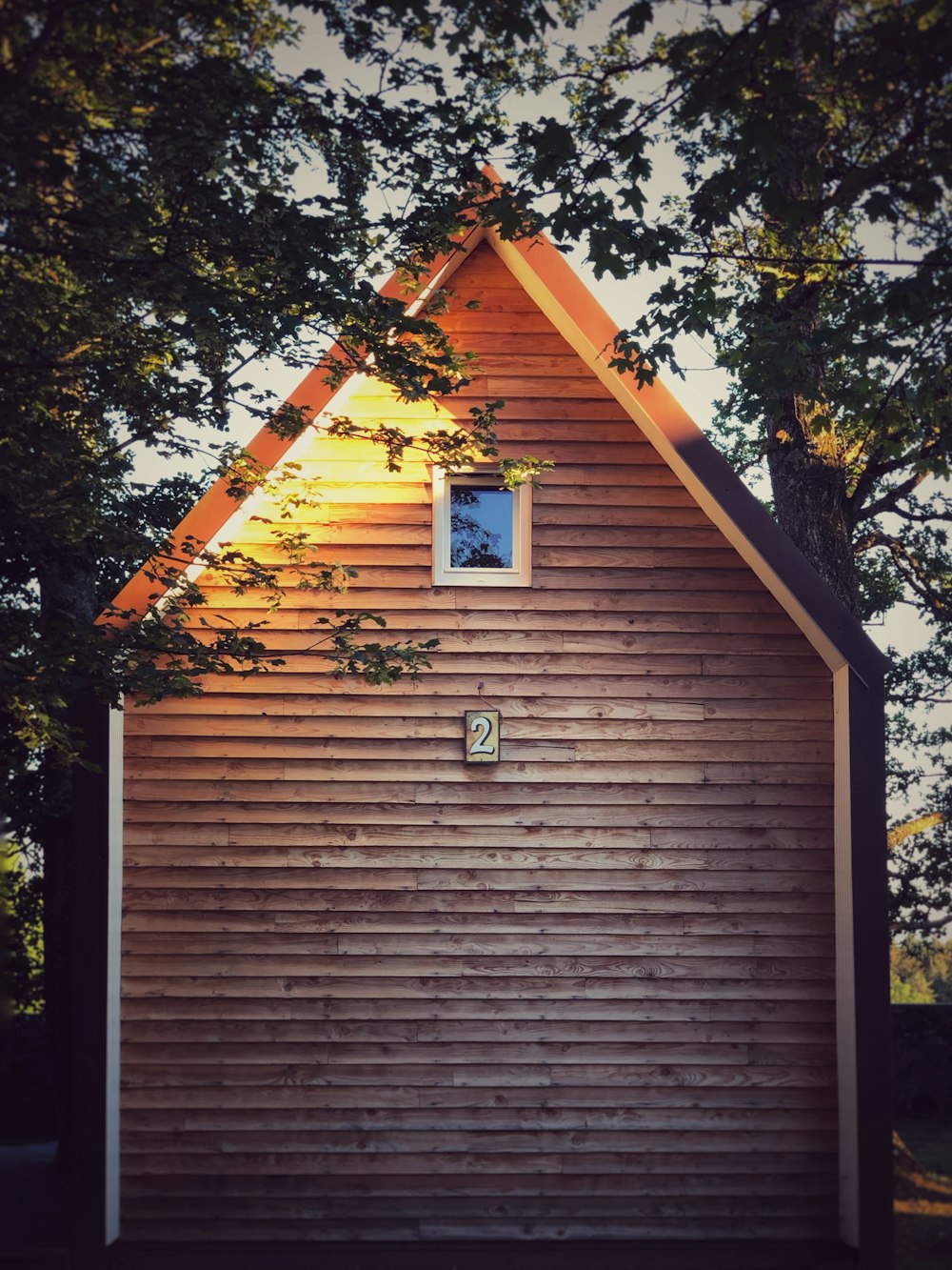 brown wooden house with green tree