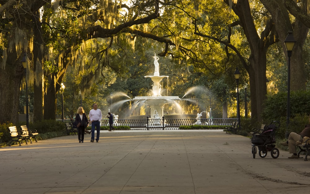 people standing near fountain during daytime