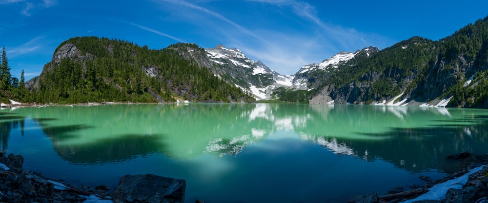 lake surrounded by green trees and snow covered mountains during daytime