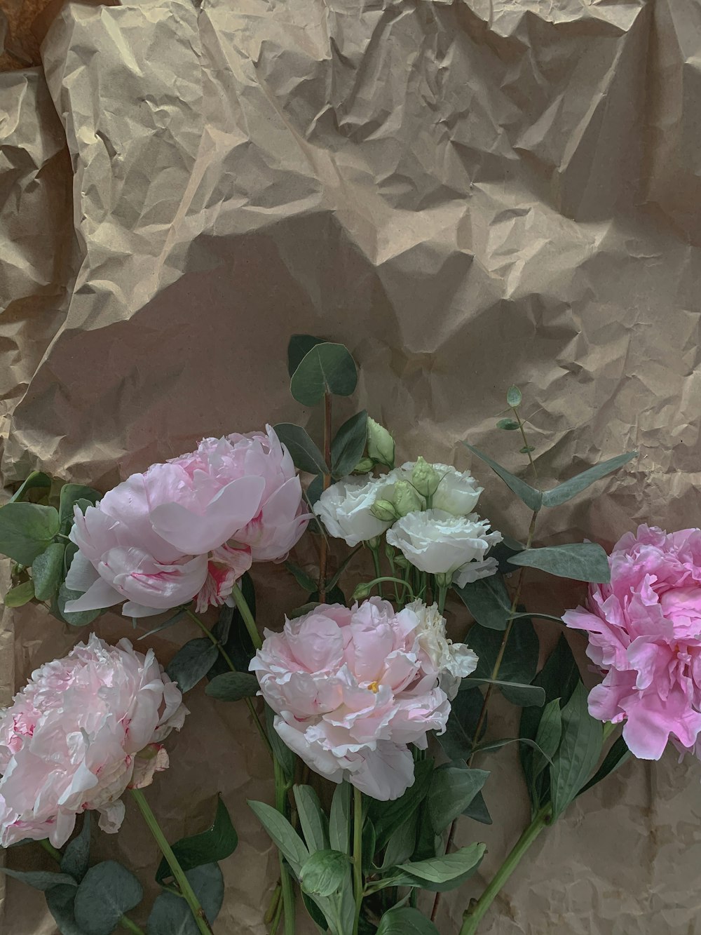 pink roses on brown plastic bag