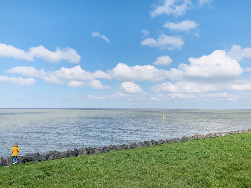 a person is flying a kite near the water