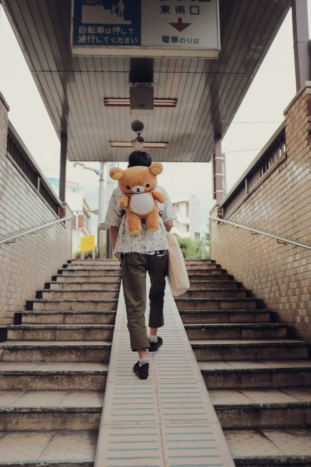 man in brown bear costume walking on gray concrete stairs
