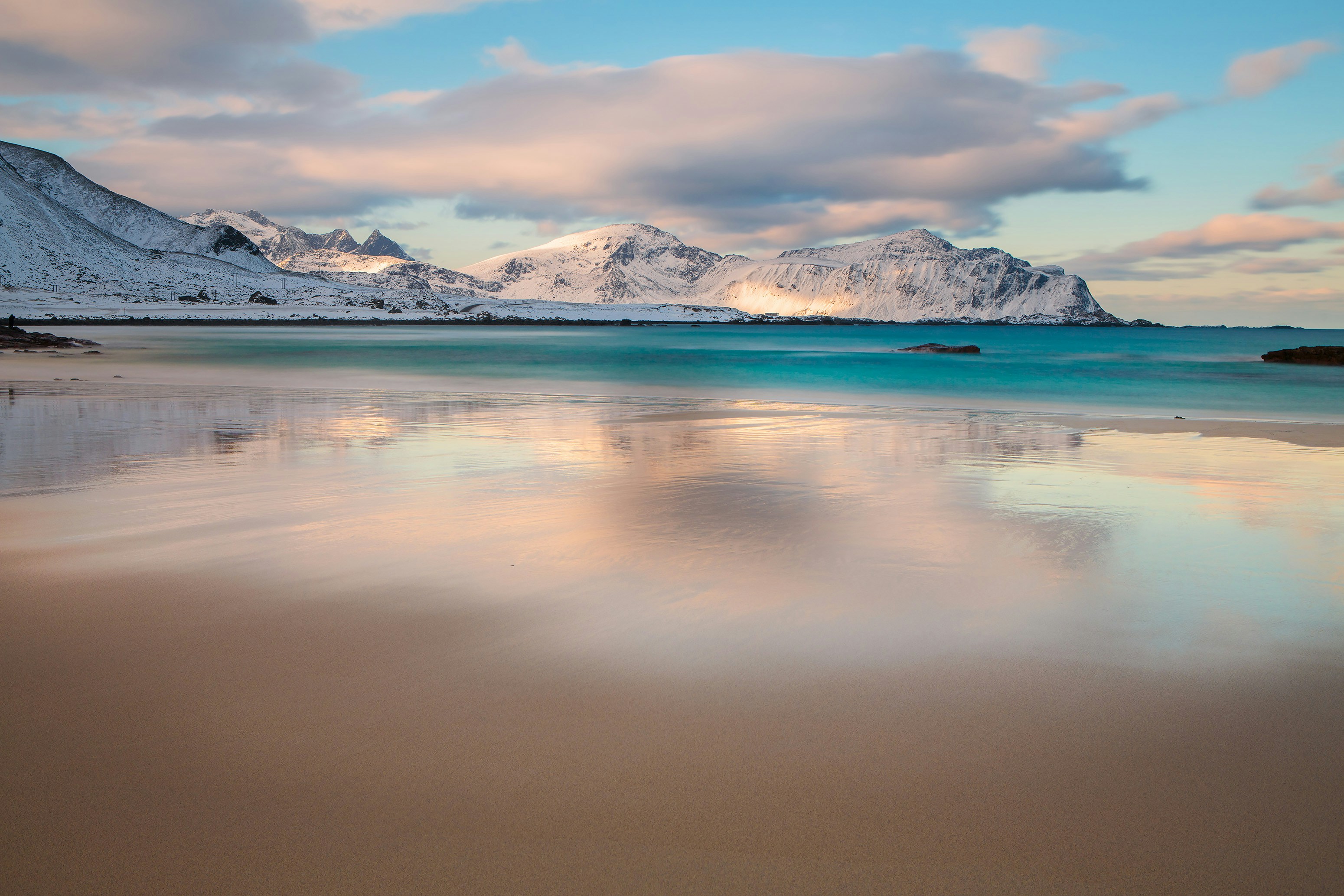 snow covered mountain near body of water during daytime, Winter landscape with sea and snow covered mountains