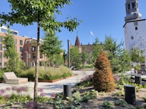 A modern urban garden featuring a variety of trees, shrubs, and flowering plants. The scene includes contemporary wooden benches, surrounded by lush greenery and carefully arranged landscaping. Red brick buildings and a distinctive white tower with a clock form the background, contributing to the peaceful atmosphere.