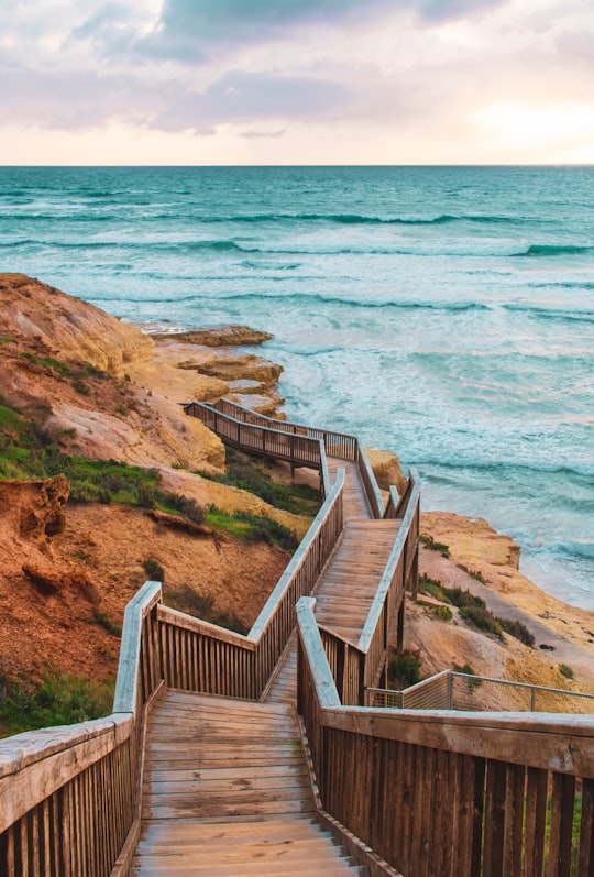brown wooden stairs on brown rocky mountain near body of water during daytime in Adelaide SA Australia