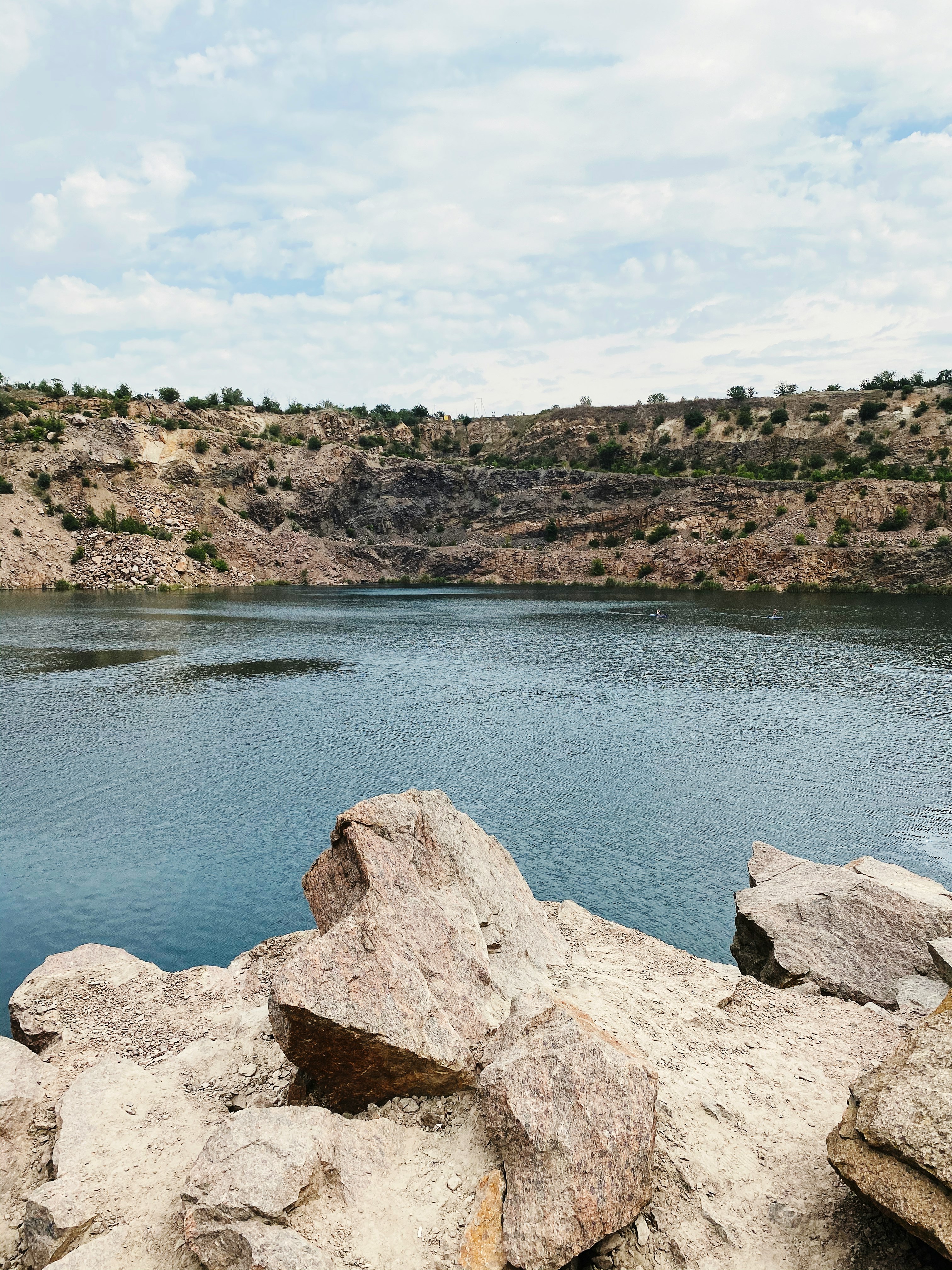 blue lake surrounded by brown rocky mountain under blue and white sunny cloudy sky during daytime