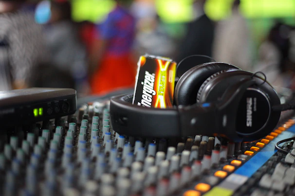 black and yellow corded headphones
