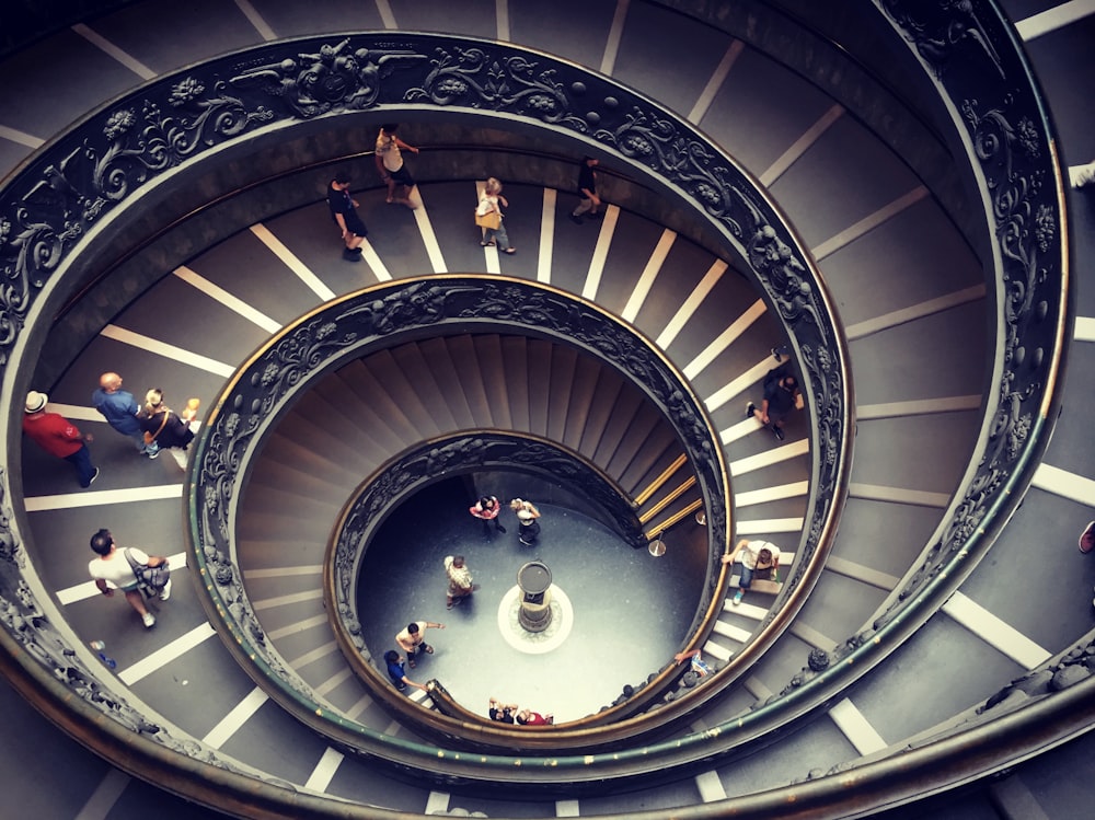 people walking on spiral staircase