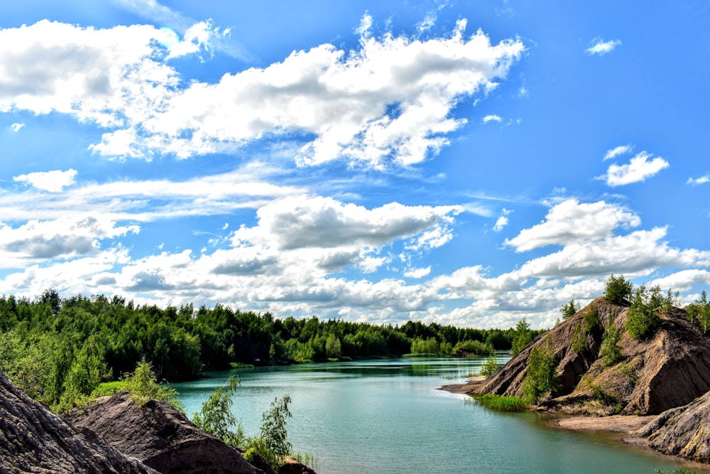 green trees beside river under blue sky and white clouds during daytime