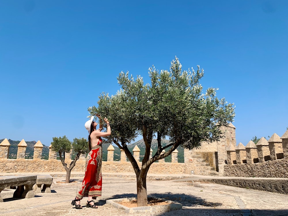 woman in red dress standing near green tree during daytime