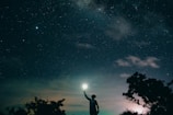 man in black tank top standing near tree under starry night