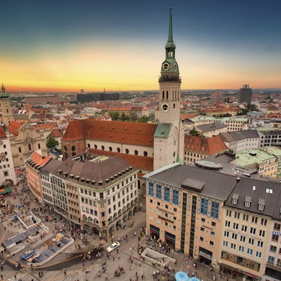 aerial view of city buildings during sunset