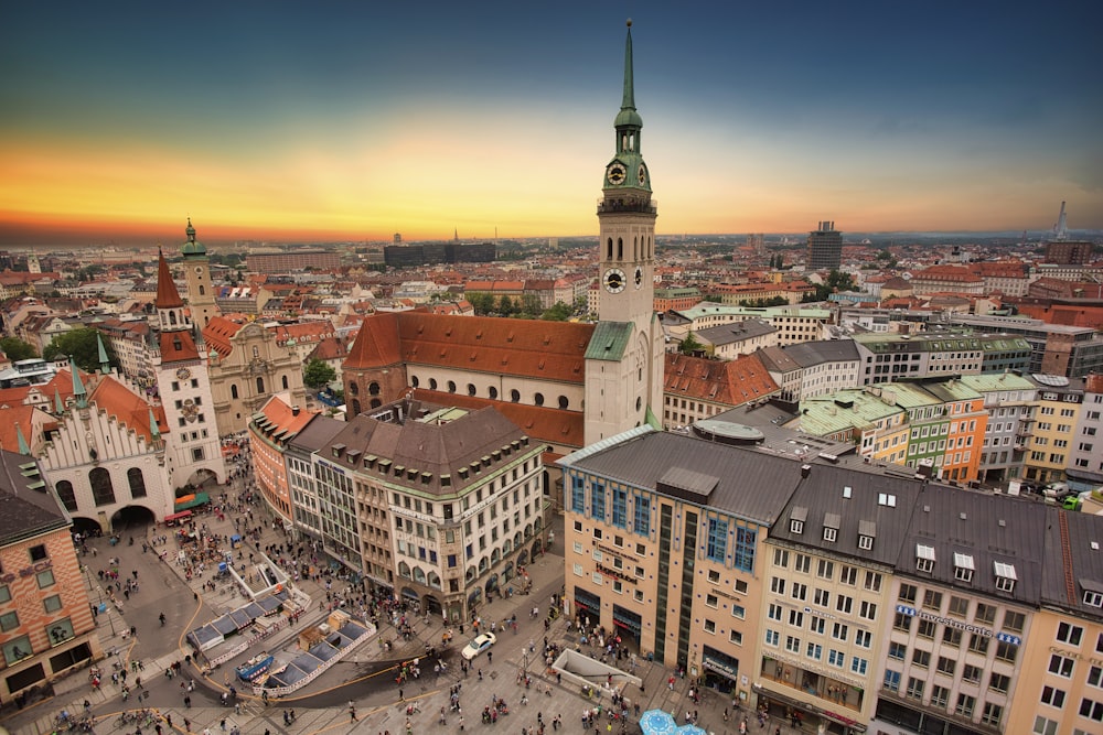 aerial view of city buildings during sunset