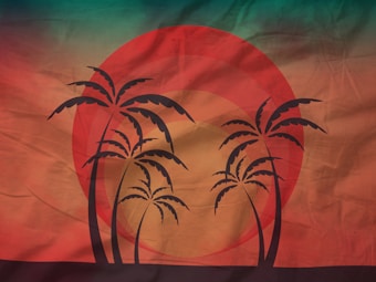 Silhouettes of palm trees are set against a stylish abstract background featuring a large red sun blending into shades of green, orange, and brown, creating a sunset or sunrise effect.