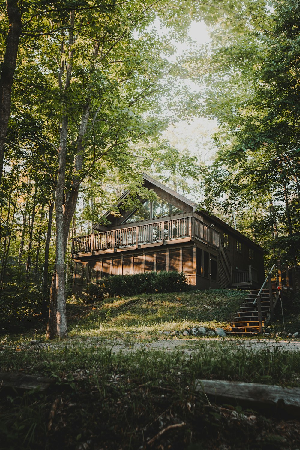 casa di legno marrone circondata da alberi verdi durante il giorno