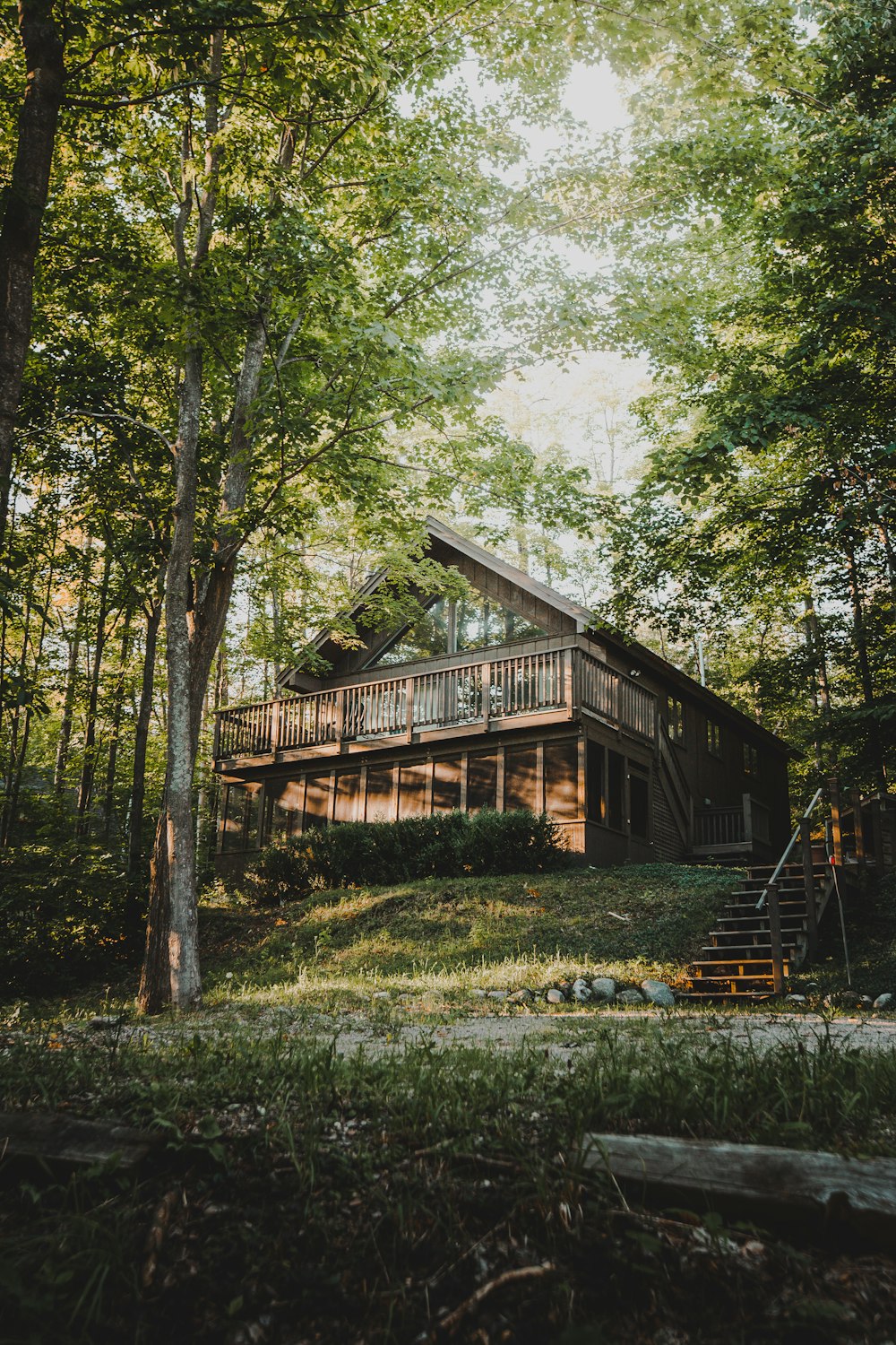 Braunes Holzhaus tagsüber von grünen Bäumen umgeben