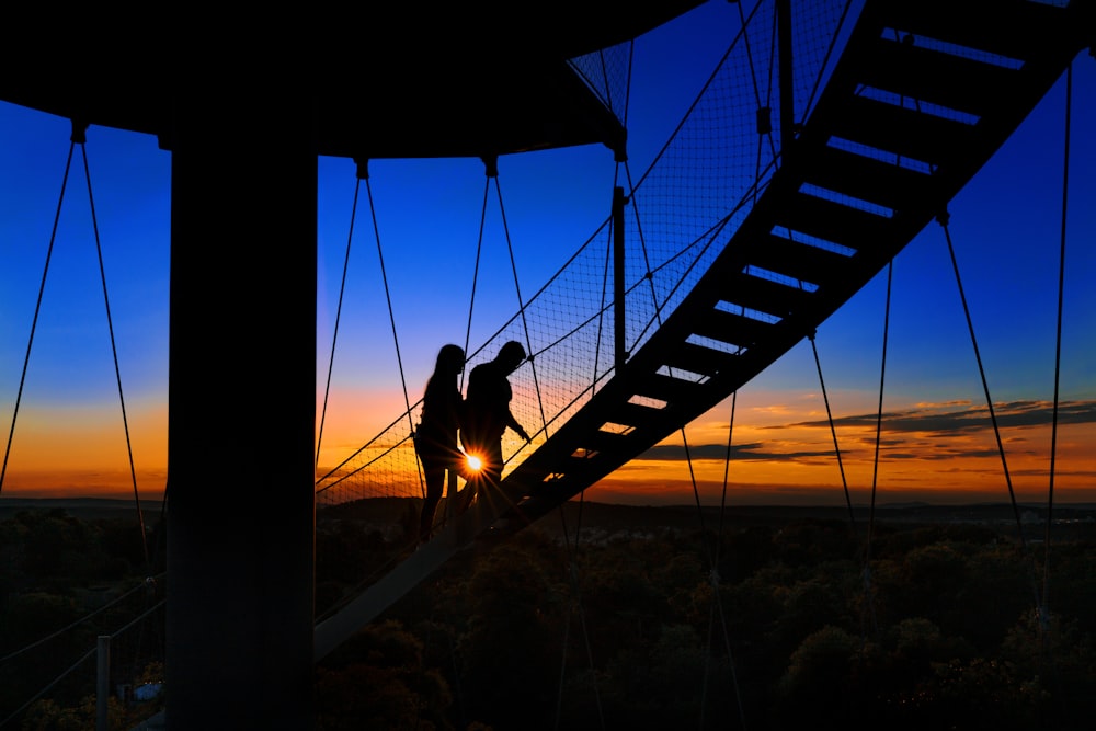 silhouette of dog on bridge during sunset