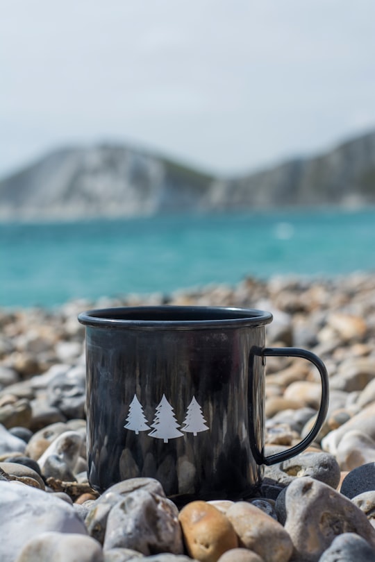 black and white ceramic mug on rocky shore during daytime in Worbarrow Bay United Kingdom