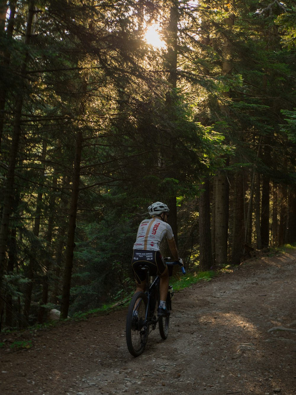 Mann mit schwarz-weißem Helm beim Fahrradfahren im Wald tagsüber