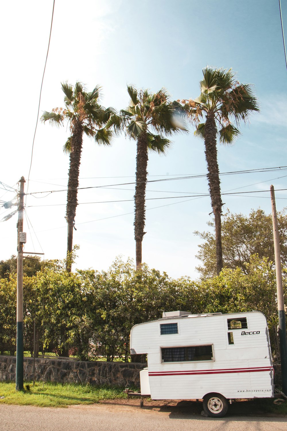 white and brown rv trailer near green trees during daytime