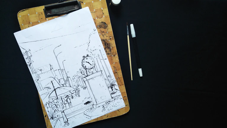 Boceto creativo sobre una mesa de trabajo para planificar un proyecto visual