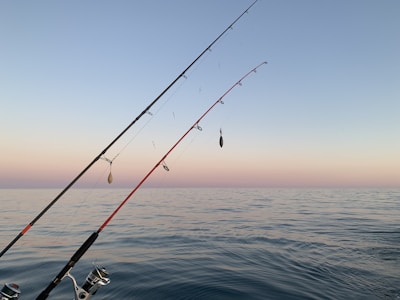 Two friends smiling and preparing fishing rods by a serene lake at sunrise.
