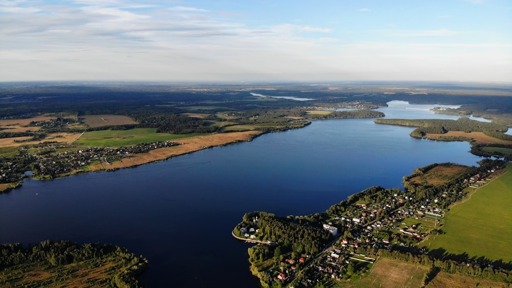 aerial view of lake and mountains during daytime